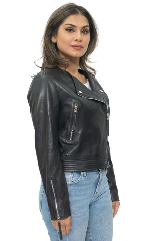 Infinity Leather Womens Collarless Biker Jacket-Padova