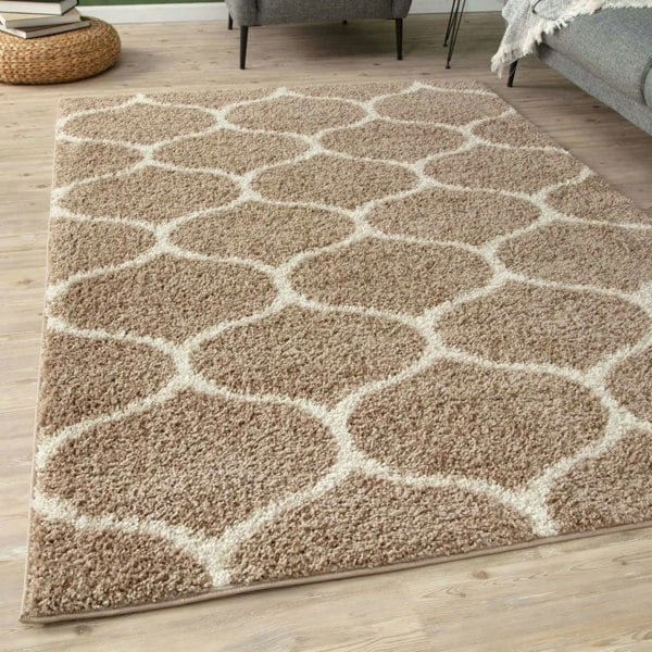 Trellis Design Thick Shaggy Area Rugs Beige
