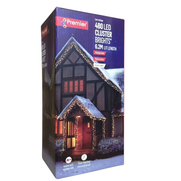 Samuel Alexander 480 LED 6.2m Premier Clusterbrights Indoor Outdoor Multifunction Mains Operated Christmas Cluster Lights with Timer in Vintage Gold