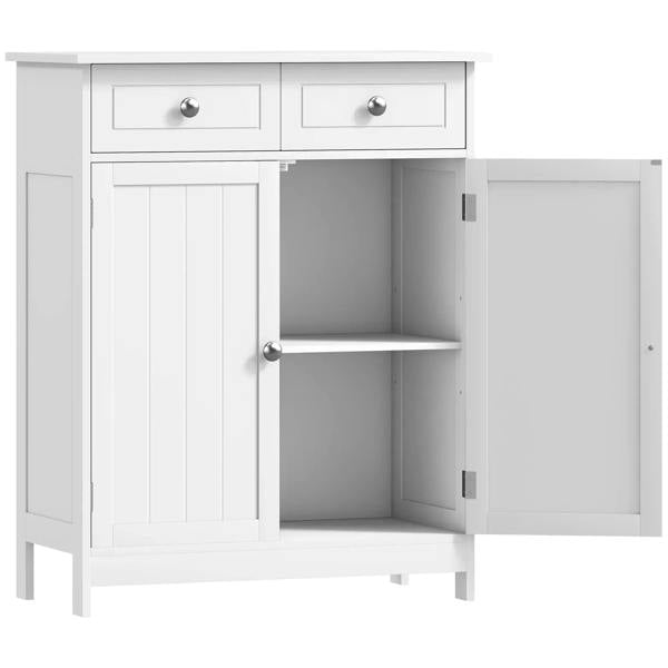 White freestanding bathroom storage cabinet with two drawers, open doors, and interior shelf