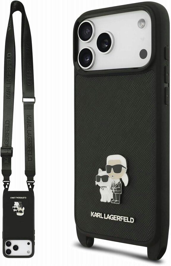 Karl Lagerfeld Saffiano Karl & Choupette Metal Pin Crossbody Strap Case for iPhone 17/18 Pro 6.3" Black - KLHCP18LSAKCPBK