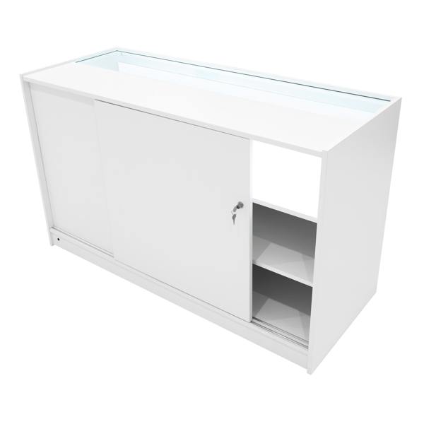 Sleek white LED shop counter set featuring sliding doors, glass top, and open shelving for organized display and storage