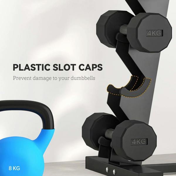 Black five-tier dumbbell stand with protective plastic slot caps.