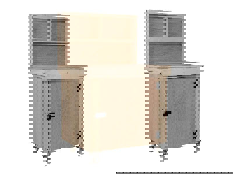 Arbor Garden Solutions Wooden Eucalyptus hardwood top workbench with lockable cupboard (V.9) with back panel and wheels