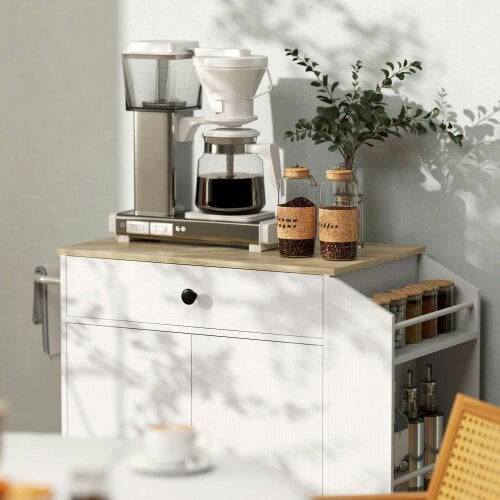 Wyld Haus Semi Wooden White Rolling Kitchen Island With Drawer 3 Tier Spice Rack And Towel Rail