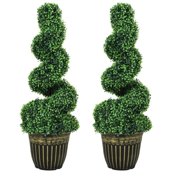 Set of 2 artificial green spiral topiary boxwood trees in black ribbed pots