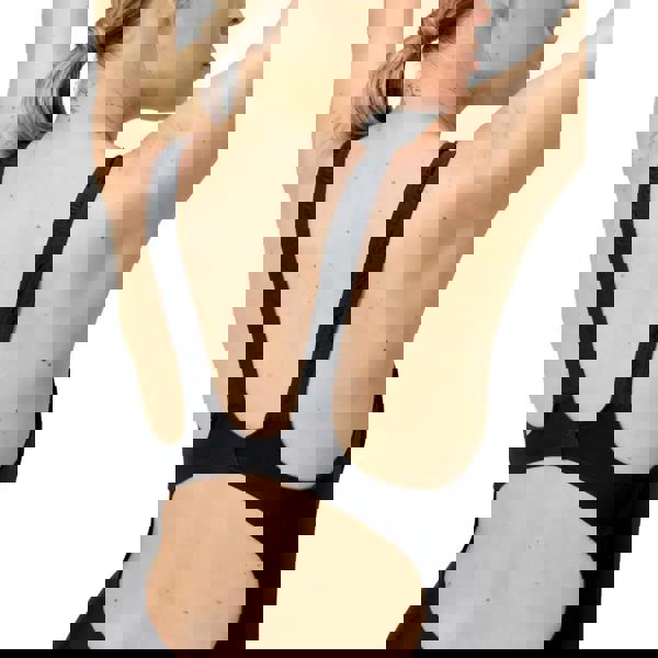 Black Speedo maternity fitness swimsuit with racerback sports bra and lace