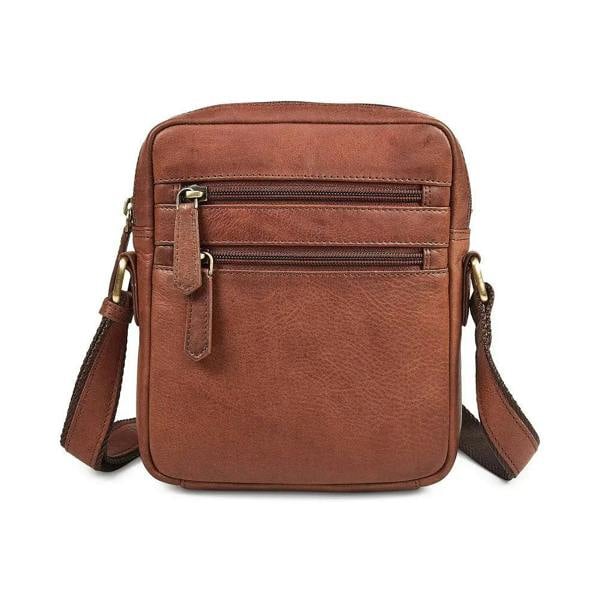 Brown leather crossbody bag on a white background