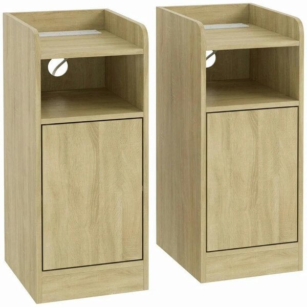 Slim Bedside Table Set of 2 with Charging Station, Narrow Bedside Cabinet with Adjustable Shelf, Oak