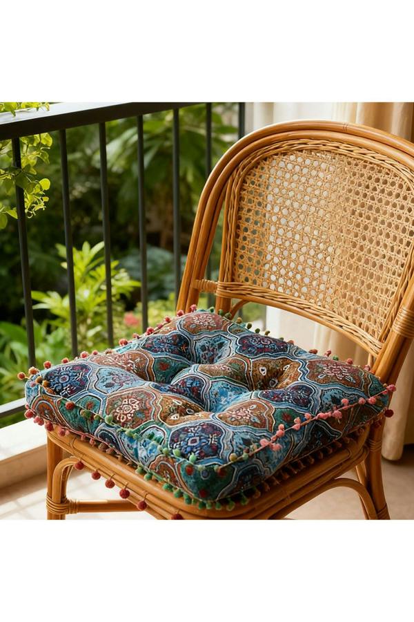Bohemian Patterned Pom-Pom Trimmed Seat Cushion