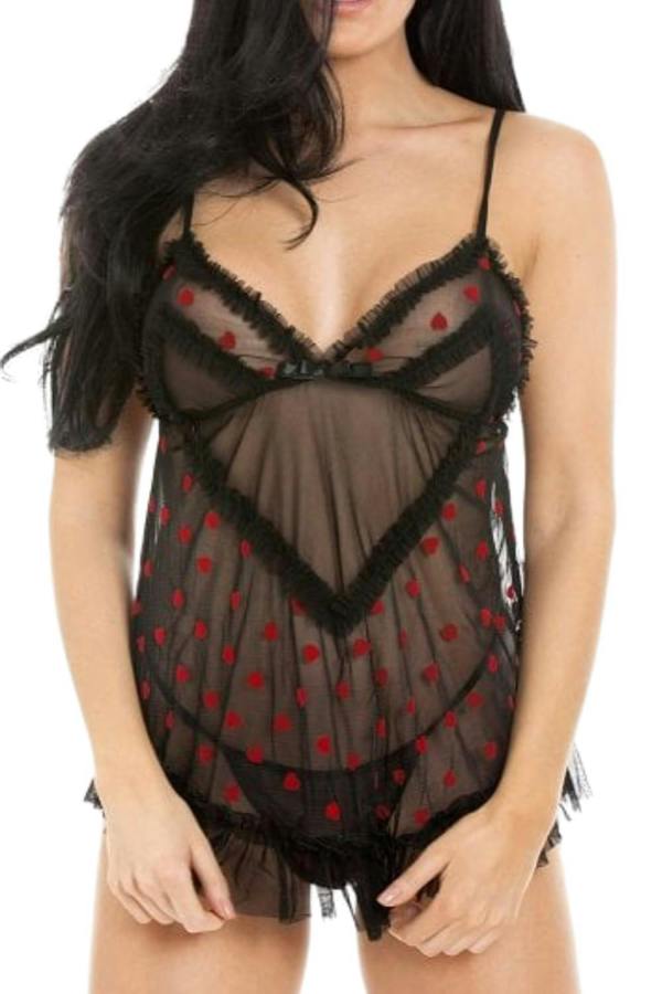 Camille Womens Sexy And Seductive Black Babydoll With Hearts