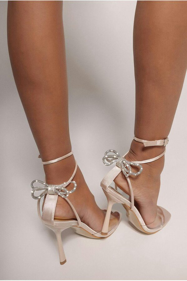 Goddiva Diamante Bow High Stiletto Heel - Champagne by Goddiva