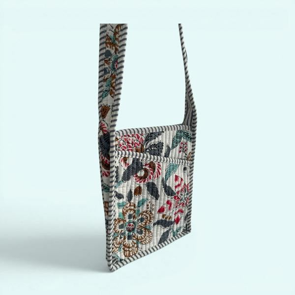 Hayley & Co Mini Cross Body Bag - Grey with Turquoise and Red Block Print Floral