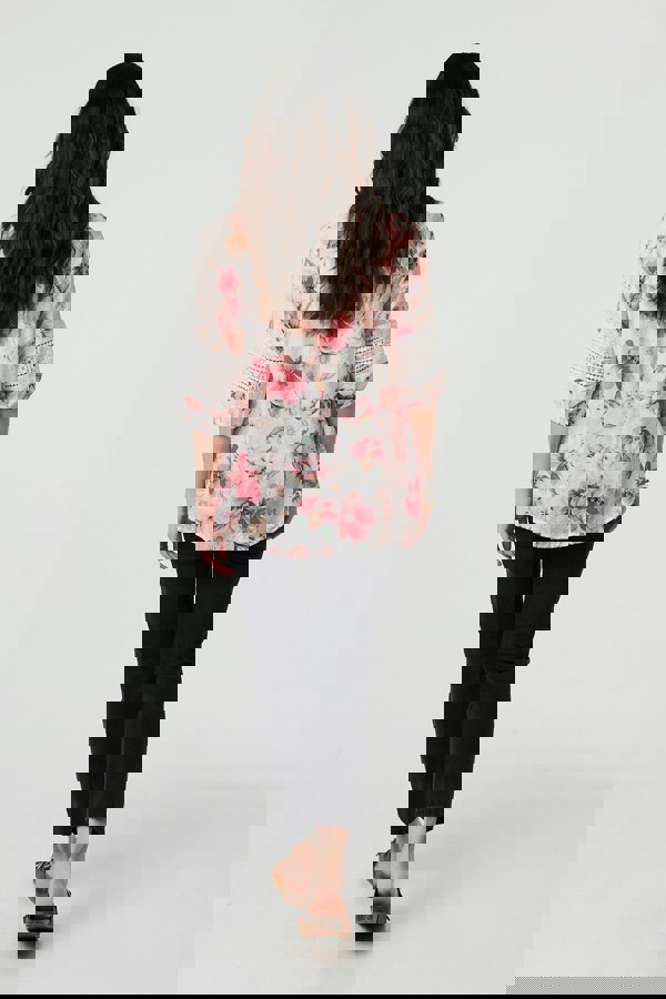 Pink | Floral Lace Trim Bardot Neck Blouse
