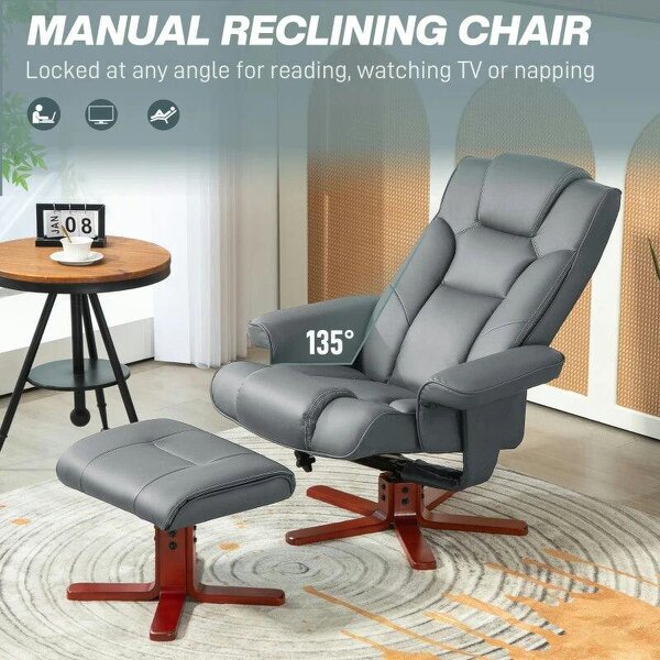 Faux Leather Manual Recliner and Footstool Set - Grey