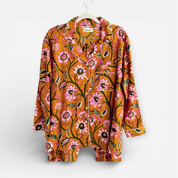 Hayley & Co Mustard Yellow Block Print Floral 100% Cotton Long Pyjama Set