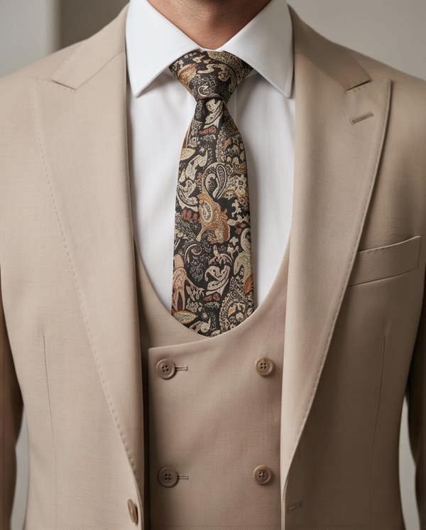 A men's necktie with an intricate paisley pattern in beige, brown, and black, styled on a model wearing a white dress shirt, beige vest, and matching beige suit jacket.
