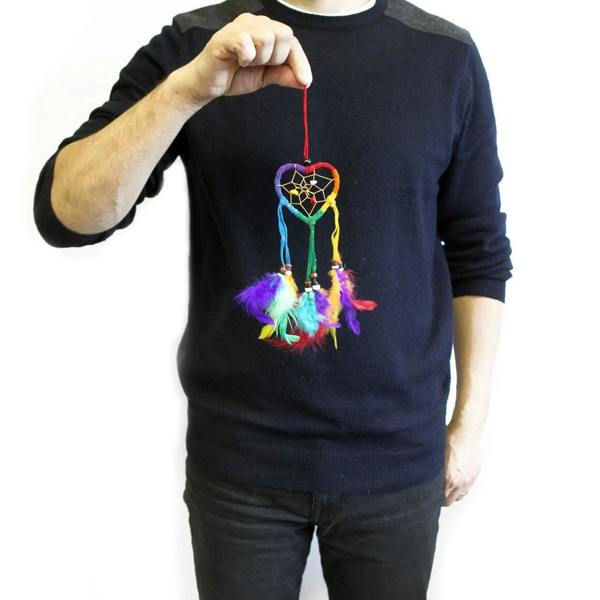 Small rainbow heart dreamcatcher with multicolor feathers and bead accents