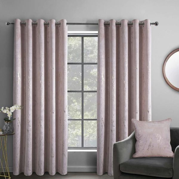 Marble Effect Velvet Eyelet Curtain - Blush