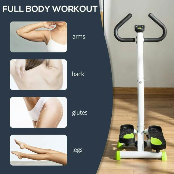 Twister stepper with workout panels for arms, back, glutes, and legs