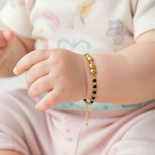 The Colourful Aura Gold Plated Three Ball Black Bead Kids Nazar Bracelet