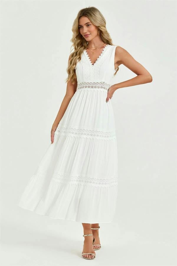 FS Collection Lace Detail Maxi Dress In White