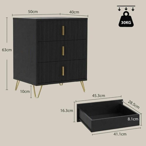 Modern 3-Drawer Dresser, Fluted Bedroom Dresser Chest of Drawers with Metal Legs and Steel Handles for Bedroom, Black