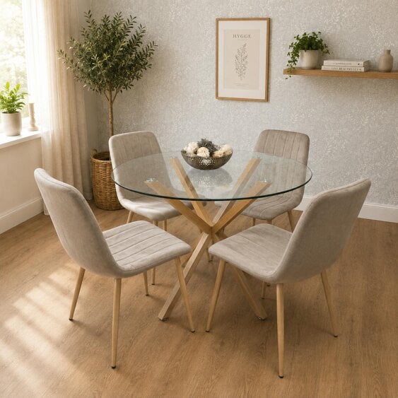 Kosy Koala Round Glass Dining Table Set with 4 Beige Velvet Chairs, Sturdy Metal Legs, 100cm