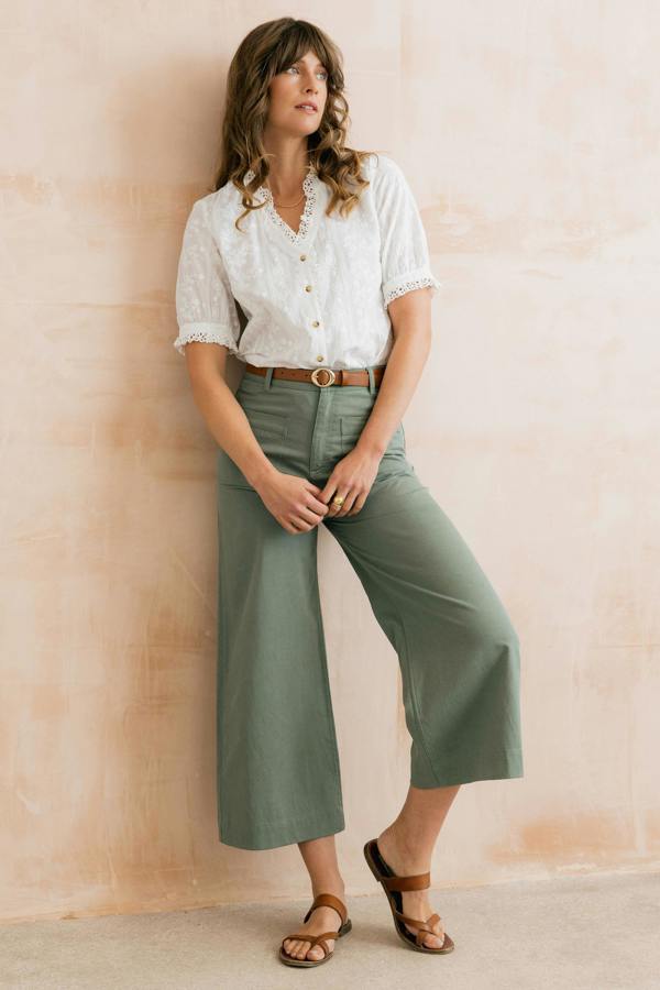 Lily & Me Amelia Cropped Wide Leg Trousers Laurel Green