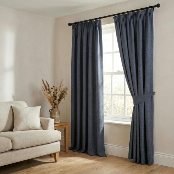 Prima made-to-measure curtains in Navy, styled in a living room