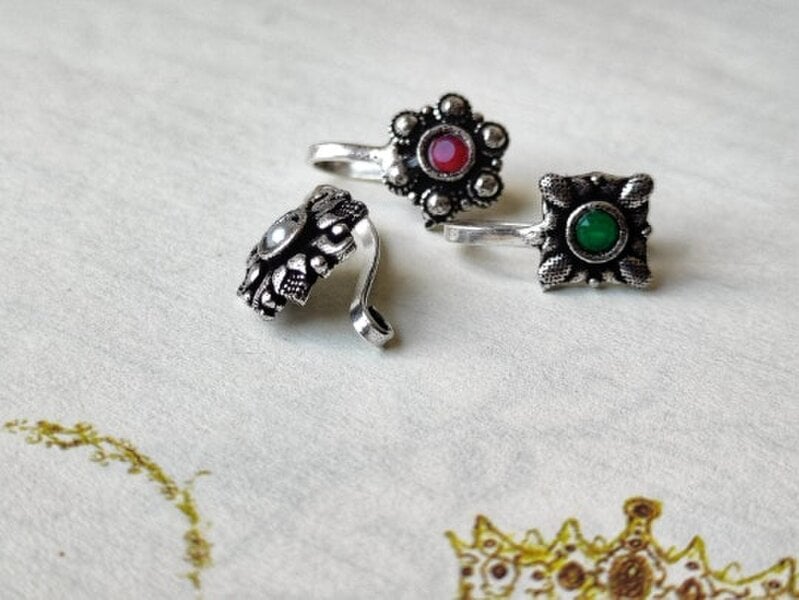 The Colourful Aura German Silver Multicolour Stone Transitional Clip On Non Pierced Nose Ring