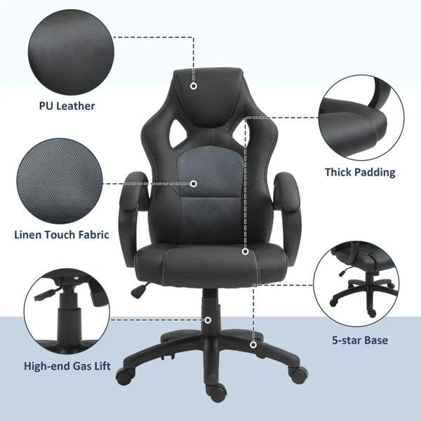 Black office chair showing materials and padding details, including 5-star base and thick seat