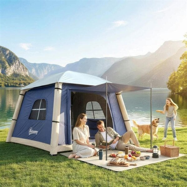 Inflatable Camping Tent with Hand Pump, Easy Setup 1/2 Person Blackout Blow Up Tent, Dark Blue - Dark Blue