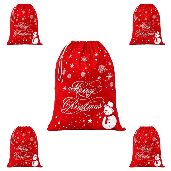 Shatchi 6cm Christmas Santa Sack Set of 5 Red Felt Gift Bags with Printed Merry Christmas Design - 5 Pack - Red - Christmas sack