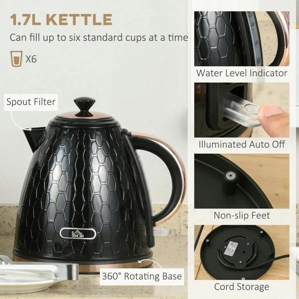 Black 1.7L electric kettle with water level indicator, spout filter, and auto shut off