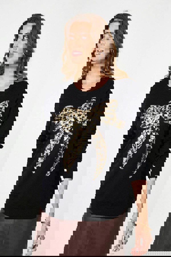 Black | Sparkly Bow Detail Long Sleeve Jumper
