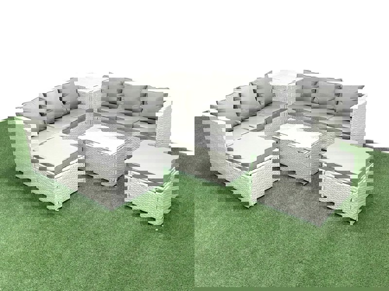Fimous Garden Outdoor PE Rattan Furniture Set 8 Seater Rattan Garden Sofa Set with 2 Big Footstools Side Table Light Grey Mixed