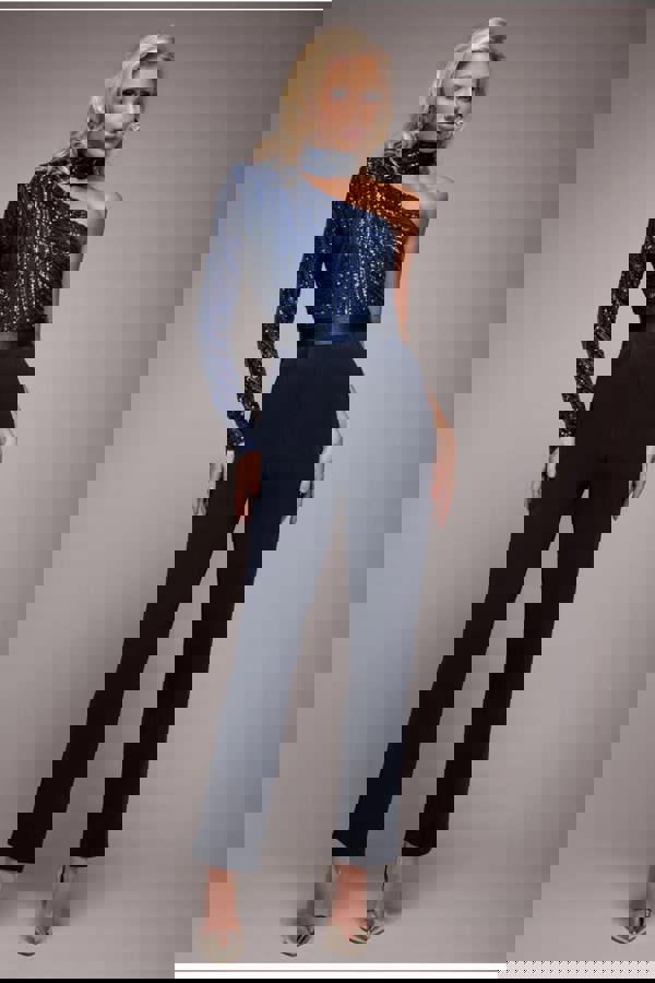 One Shoulder Sequin Jumpsuit - Navy TR293