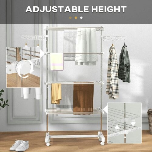 Bobobiy Four-Shelf Collapsing Clothes Horse, With Side Arms and Wheels - White