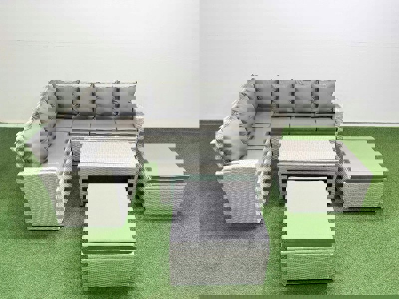Fimous Rattan Garden Furniture Set Outdoor 8 Seater Corner Sofa Sets with Oblong Coffee Table 2 Big Footstools Light Grey Mixed