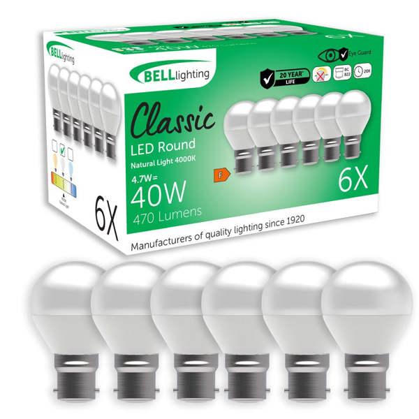 BELL Lighting B22 Non-Dimmable LED Golf Ball Bulb, Natural White 4000K 470lm 4.7W Round Bayonet 40W Equivalent