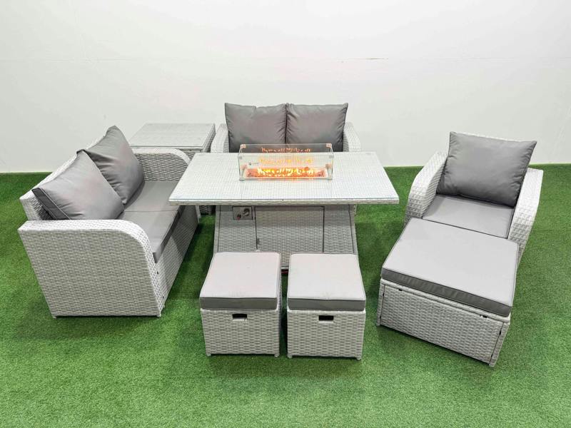 Fimous High Back Poly Rattan Garden Furniture Set, Reclining Chair, Loveseat, Firepit Table, Indoor Outdoor, 3 Stools, Side Table, Light Grey