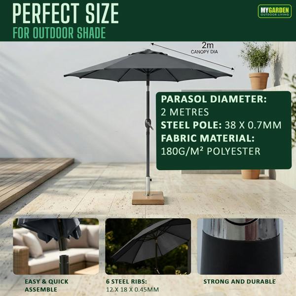 My Garden Outdoor Living Parasol Umbrella 2m Dia - Push Button Tilting Patio Umbrella with Crank Lift - Polyester Canopy, Outdoor Sun Shade