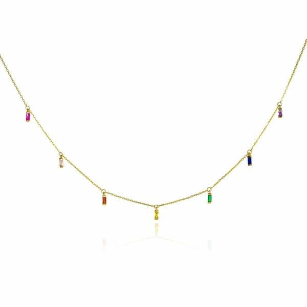 namana Gold Plated 925 Sterling Silver Rainbow Coloured  Baguette Charm Necklace for Women