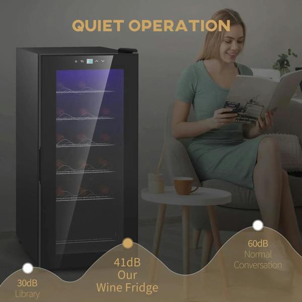 Black wine fridge with lit glass door and top control panel