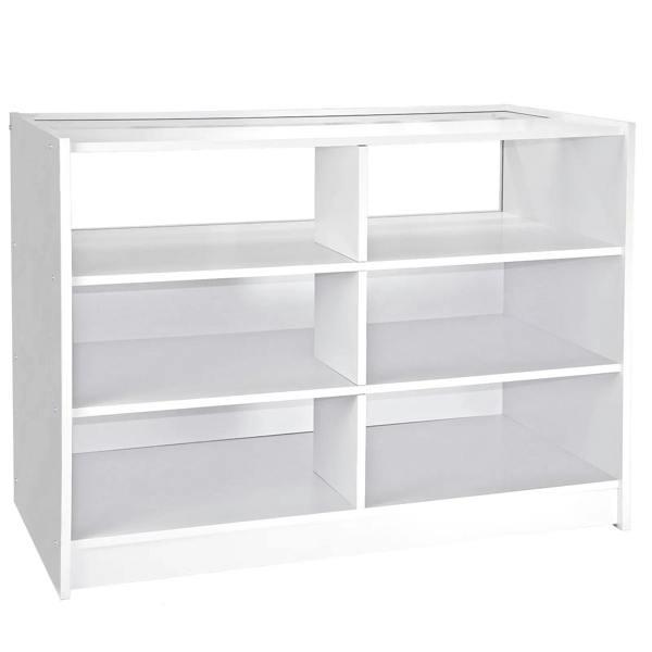 Fusion Brilliant White shop counter with six open shelves, featuring a sleek, modern design and smooth, glossy finish for retail displays