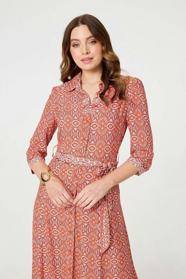 Orange | Geo Print Tie Waist Maxi Shirt Dress
