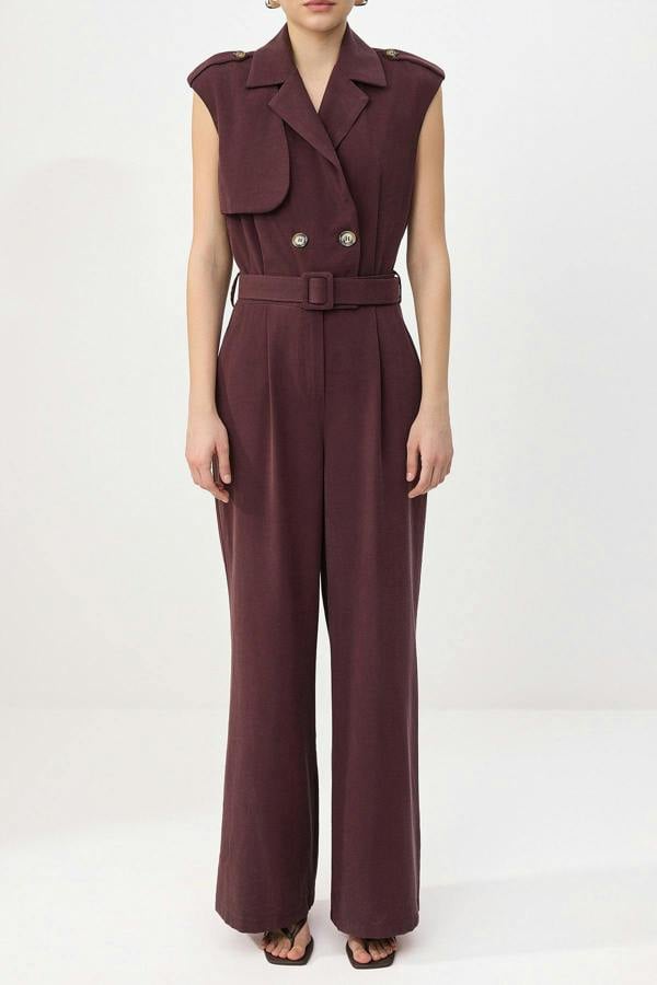 Belted Wide Leg Sleeveless Collar Jumpsuit