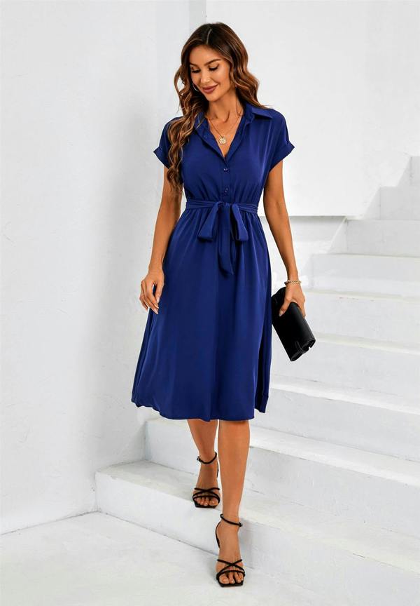 FS Collection Short Sleeve Shirt Midi Dress In Navy