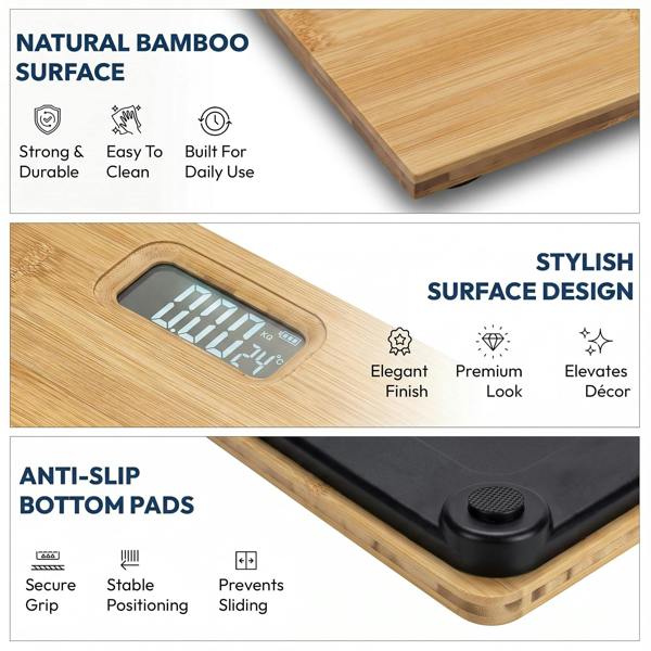 Purefit Digital Bathroom Scale for Measuring Body Weight - Bamboo Ultra Slim, Smart Scale with LED Display-Battery Included LB/KG/ST Max Weight 180KG